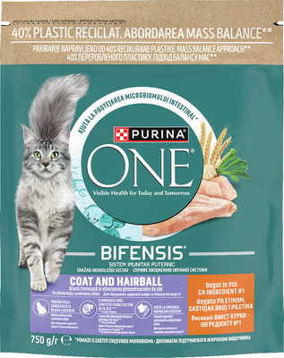 PURINA ONE COAT&HAIRBALL HRANA USC.PISICI ADULTE CU PUI 750G