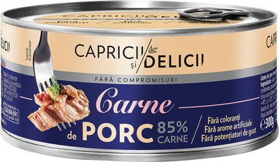 CAPRICII SI DELICII CARNE DE PORC IN SUC PROPRIU 85% 300G