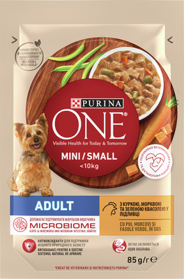 PURINA ONE MINI AD.HR.UM.CAINI CU PUI&MOR&FAS.VERDE PLIC 85G