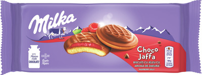 MILKA BISCUITI CU JELEU AROMA ZMEURA GLZ.CU CIOCO.LAPTE 147G
