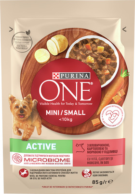 PURINA ONE MINI ACTIVE HR.UM. CAINI VI&CARTOF&MORCOV PLIC85G