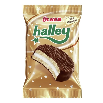 ULKER HALLEY BISCUITI SANDWICH CU BEZEA GLZ.CIOC.CU LAPTE 30G