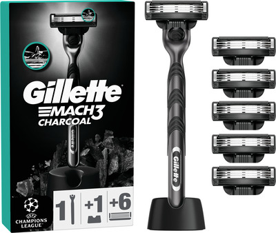 GILLETTE MACH3 CHARCOAL AP.DE RAS 6REZERVE+STAND