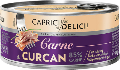 CAPRICII SI DELICII CARNE DE CURCAN IN SUC PROPRIU 85% 300G