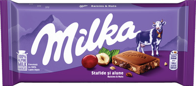 MILKA TABLETA DE CIOCOLATA CU LAPTE,STAFIDE, ALUNE PADURE90G
