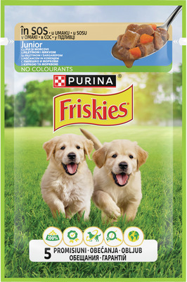 FRISKIES HRANA UMEDA PT.CAINI JUNIORI PUI SI MORCOV 85G