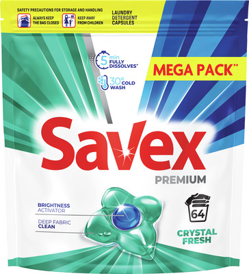 SAVEX PREMIUM CRYSTAL FRESH DETERG.CAPS.RUFE 64BUC 64SP.