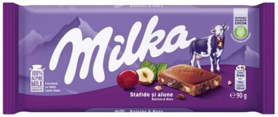 MILKA TABLETA DE CIOCOLATA CU LAPTE,STAFIDE, ALUNE PADURE90G